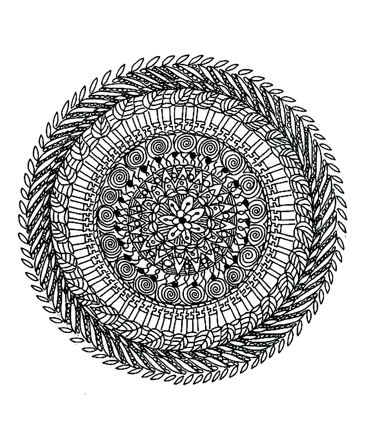 Mandala coloring page with different types of leaves. Prepare very fine pens and pencils, because this Mandala needs to be very meticulous, precise and picky, to get a good quality result.